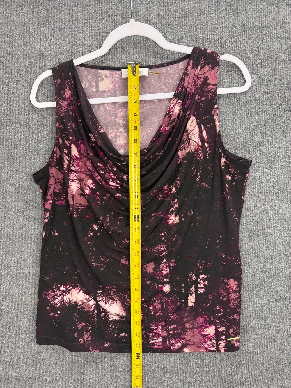Calvin Klein Black Sleeveless Top with Pink Splash Print Draped Cowl Neck Large
